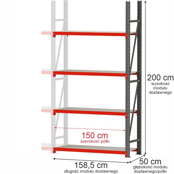 Noliktavas plaukts ar 4 plauktiem Mega-M FORTIS H-200 cm L-158,5 cm G-50 cm papildsekcija N