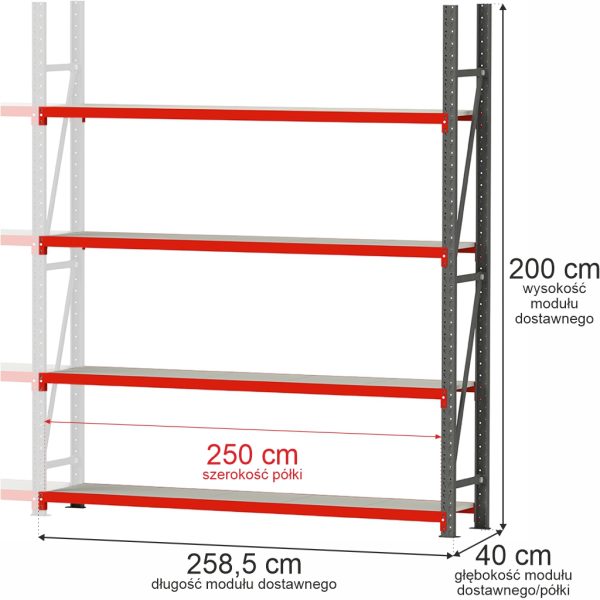 Noliktavas plaukts ar 4 plauktiem Mega-M FORTIS H-200 cm L-258,5 cm G-40 cm papildmodulis N