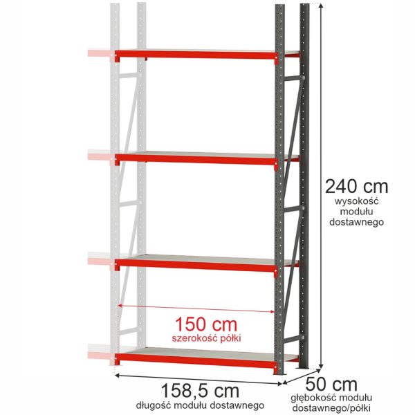 Noliktavas plaukts 4-plauktu Mega-M FORTIS H-240 cm L-158,5 cm G-50 cm papildus modulis N