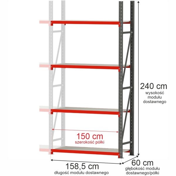 Noliktavas plaukts 4-plauktu Mega-M FORTIS H-240 cm L-158,5 cm G-60 cm papildus modulis N
