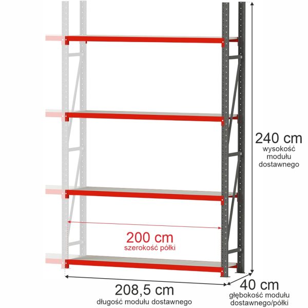 Noliktavas plaukts 4-plauktu Mega-M FORTIS H-240 cm L-208,5 cm G-40 cm papildus modulis N