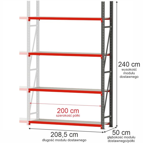 Noliktavas plaukts ar 4 plauktiem Mega-M FORTIS H-240 cm L-208,5 cm G-50 cm papildus modulis N