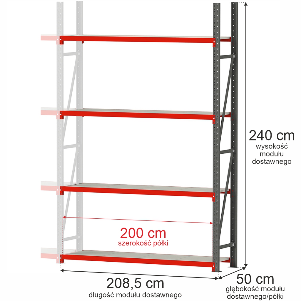 1111202569134816ed2a6.jpeg Noliktavas plaukts ar 4 plauktiem Mega-M FORTIS H-240 cm L-208,5 cm G-50 cm papildus modulis N - Image 1