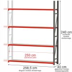 Noliktavas plaukts ar 4 plauktiem Mega-M FORTIS H-240 cm L-258,5 cm G-40 cm papildus modulis N