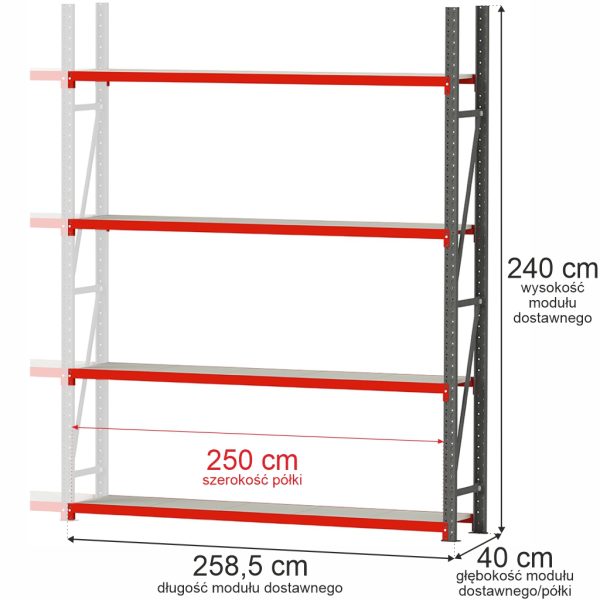 Noliktavas plaukts ar 4 plauktiem Mega-M FORTIS H-240 cm L-258,5 cm G-40 cm papildus modulis N