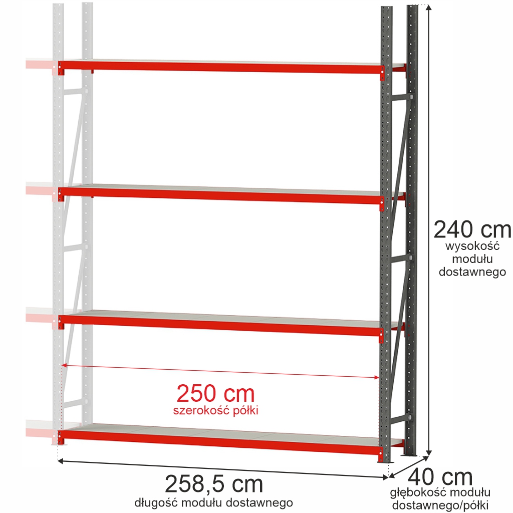 1111202569134818af6ba.jpeg Noliktavas plaukts ar 4 plauktiem Mega-M FORTIS H-240 cm L-258,5 cm G-40 cm papildus modulis N - Image 1