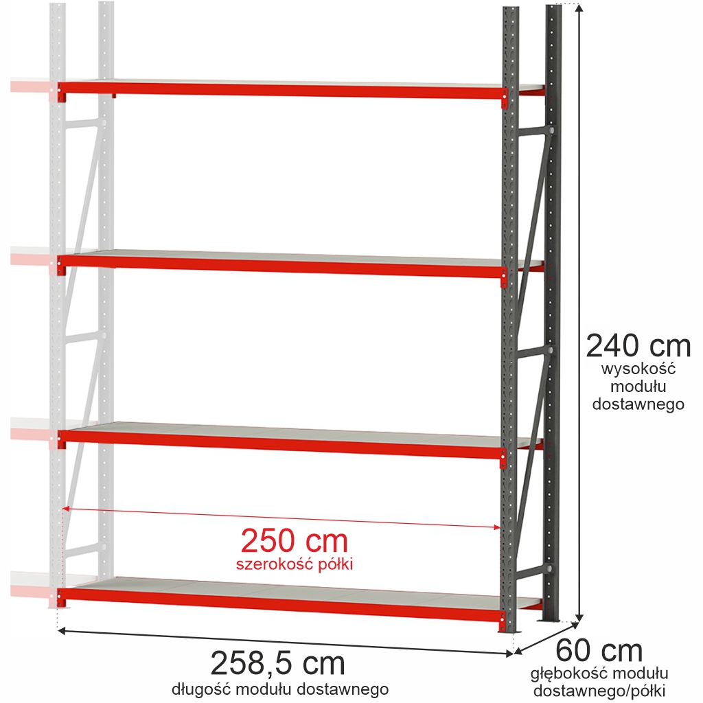 111120256913481bc5734.jpeg Noliktavas plaukts 4 plauktu Mega-M FORTIS H-240 cm L-258,5 cm G-60 cm papildmodulis N - Image 1