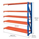 Noliktavas plaukts ar 5 plauktiem Mega-M FORTIS LIGHT H-200 cm L-192,5 cm G-50 cm papildus modulis N