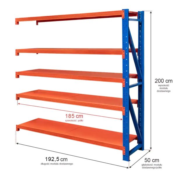 Noliktavas plaukts ar 5 plauktiem Mega-M FORTIS LIGHT H-200 cm L-192,5 cm G-50 cm papildus modulis N