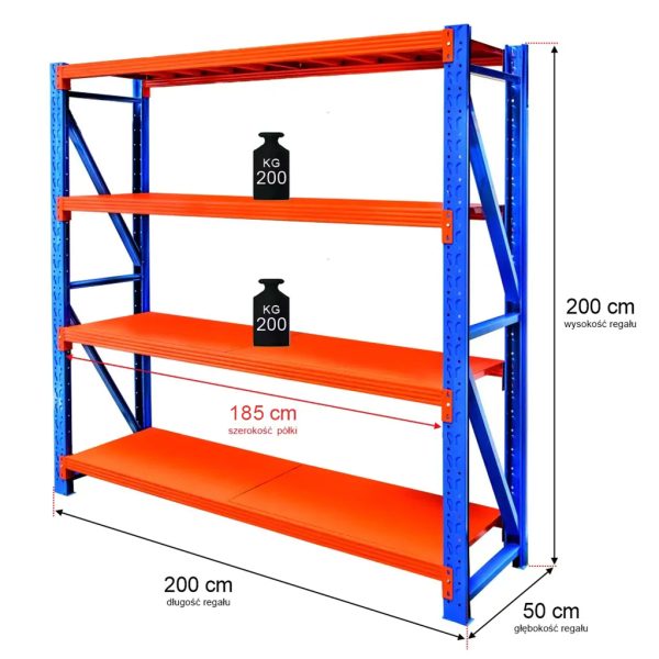 Noliktavas plaukts ar 4 plauktiem Mega-M FORTIS LIGHT H-200 cm L-200 cm G-50 cm bāzes modulis N