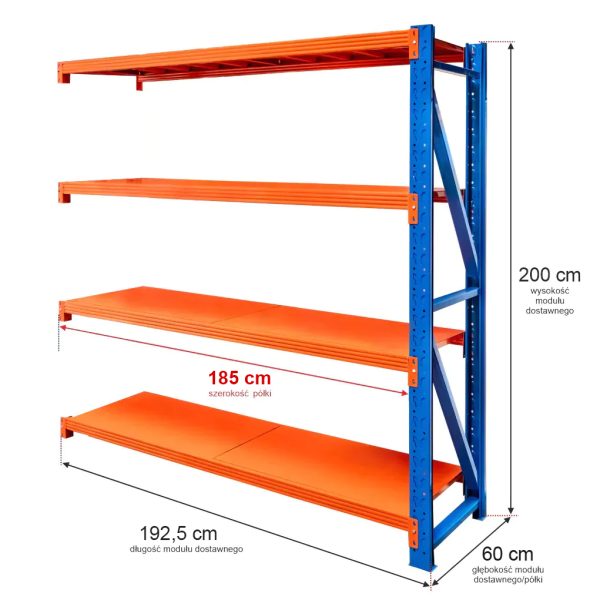 Noliktavas plaukts ar 4 plauktiem Mega-M FORTIS LIGHT H-200 cm L-192,5 cm G-60 cm papildu modulis N