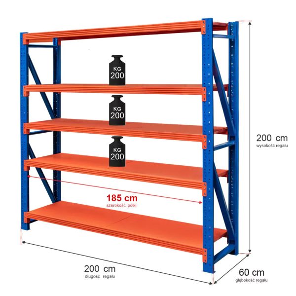 Noliktavas plaukts 5 plauktu Mega-M FORTIS LIGHT H-200 cm L-200 cm G-60 cm bāzes modulis N