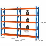 Noliktavas plaukts ar 5 plauktiem Mega-M FORTIS LIGHT H-200 cm L-392,5 cm G-60 cm komplekts (2 moduļi) N