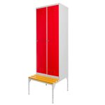 Darba apģērbu skapis Mega-M J-60 uz pamatnes ar soliņu 2 durvju pelēks/sarkana fronte S-60 cm G-80 cm H-223 cm skrūvējams N