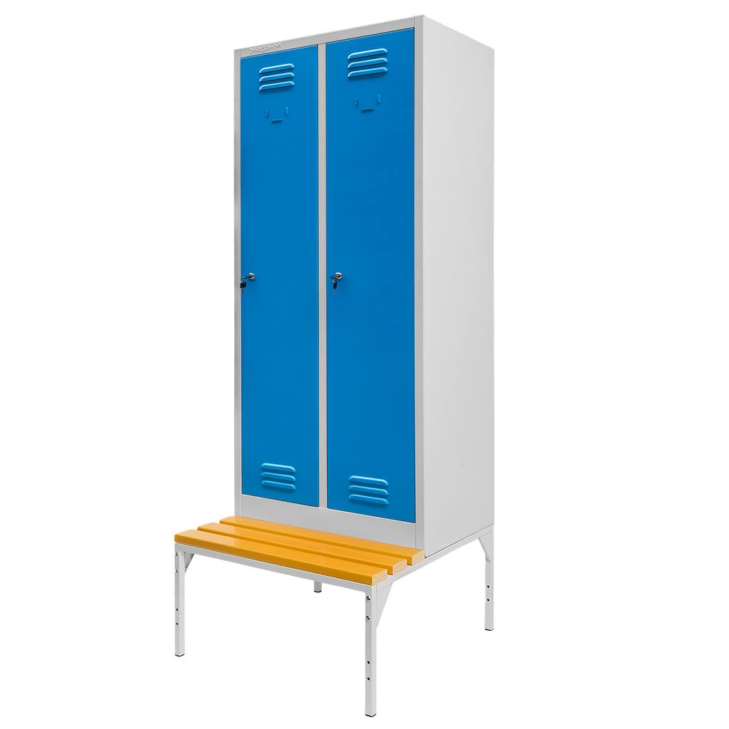11112025691348bfae946.jpeg Ģērbtuves skapis Mega-M J-60 uz pamatnes ar soliņu 2 durvju pelēks/ zila priekšpuse S-60 cm G-80 cm H-223 cm skrūvējams N - Image 1