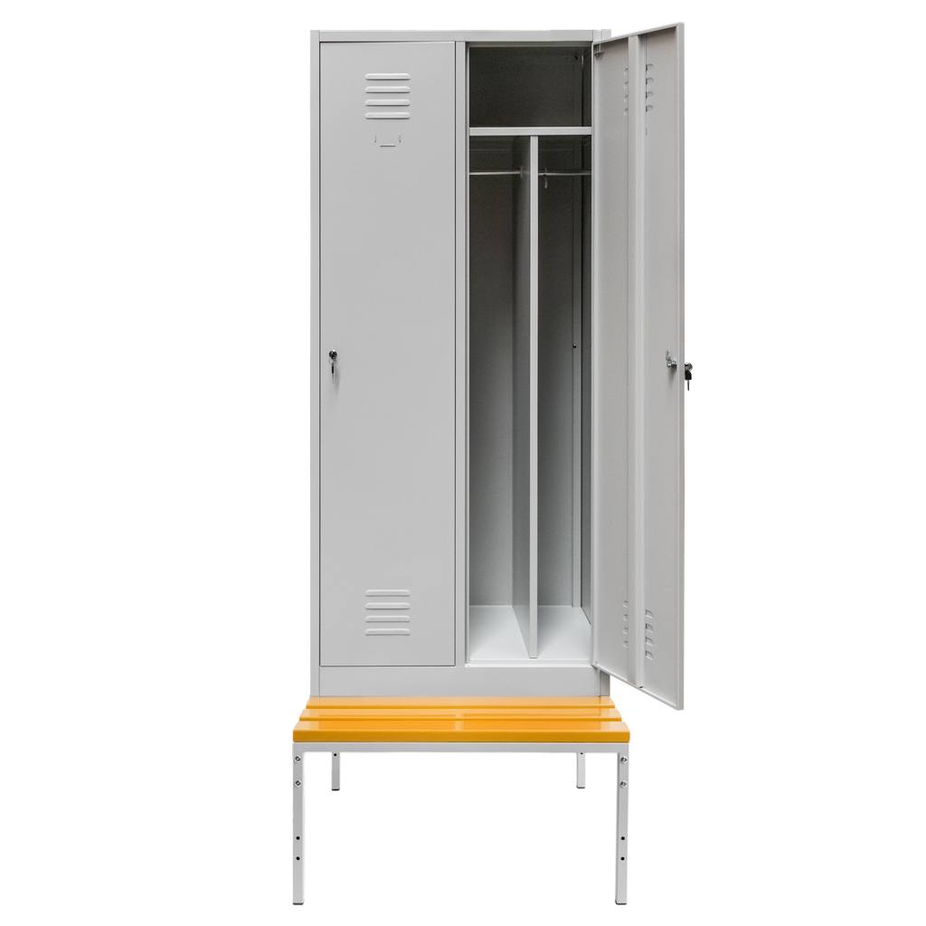 11112025691348c6e45f0.jpeg Darba apģērbu skapis Mega-M J-80 uz pamatnes ar soliņu 2 durvju ar starpsienām pelēks S-80 cm G-80 cm H-223 cm skrūvējams N - Image 1