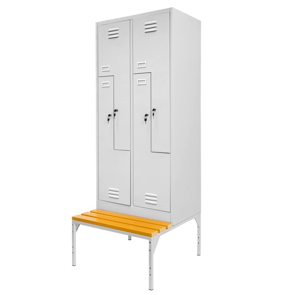 11112025691348cb60c48.jpeg Ģērbtuves skapis Mega-M J-80/L uz pamatnes ar soliņu 4 durvju L tips pelēks S-80 cm G-80 cm H-223 cm saliekams N - Image 1