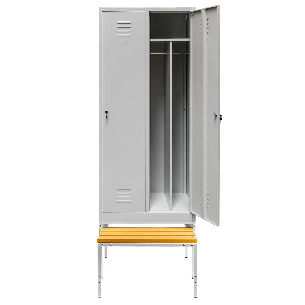 11112025691348cdad798.jpeg Darba apģērbu skapis Mega-M J-80 uz pamatnes ar izvelkamu soliņu 2 durvju ar starpsienām pelēks P-80 cm D-80 cm A-223 cm saskrūvējams N - Image 1