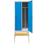 BHP ģērbtuves skapis Mega-M J-80 uz pamatnes ar izvelkamu soliņu 2 durvju ar starpsienām pelēks/ zila fronte S-80 cm G-80 cm H-223 cm skrūvējams N
