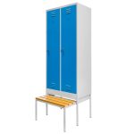 Darba apģērbu skapis BHP Mega-M J-80 uz pamatnes ar izvelkamu soliņu 2 durvju pelēks/ zila priekšpuse S-80 cm G-80 cm H-223 cm skrūvējams N