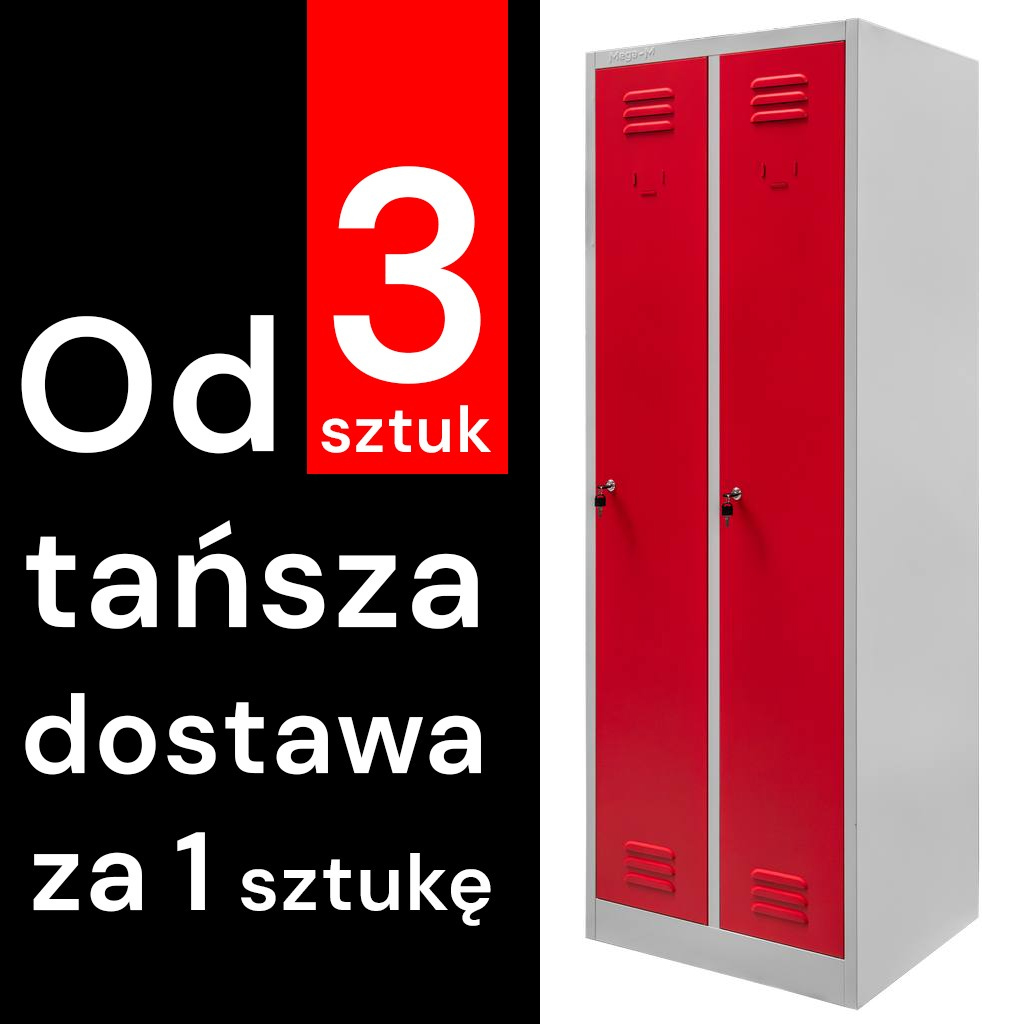 11112025691348ec706b1.jpeg Metāla garderobes skapis Mega-M J-60 2 durvju pelēks/ sarkana priekšpuse P-60 cm D-50 cm A-180 cm skrūvējams (piegāde uz paletes) N - Image 1