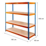 Noliktavas plaukts Mega-M Pro Max H-180 cm L-180 cm G-60 cm 4 plaukti no kokskaidu plātnes 15 mm (500kg) zils/oranžs 2 kartona kastes N
