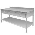 Nerūsējošā tērauda galds pie sienas ar 3 atvilktnēm un plauktu Mega-M S-180 cm G-70 cm H-85 cm N