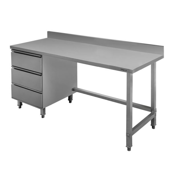 Nerūsējošā tērauda sienas galds ar 3 atvilktņu bloku kreisajā pusē Mega-M S-180 cm G-60 cm H- 85 cm N