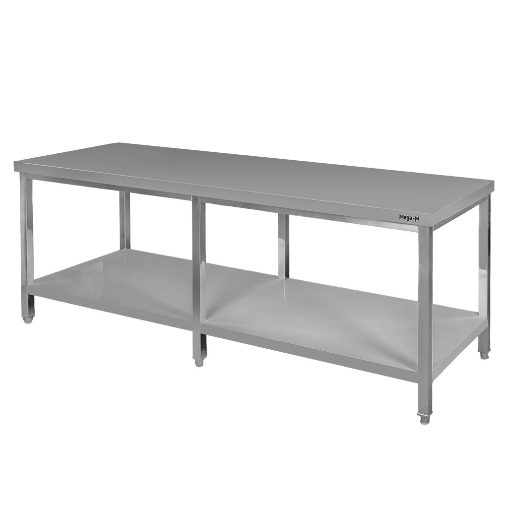11112025691349ab17db6.jpeg Nerūsējošā tērauda centrālais galds ar plauktu un 6 kājām Mega-M S-220 cm G-70 cm H-85 cm N - Image 1