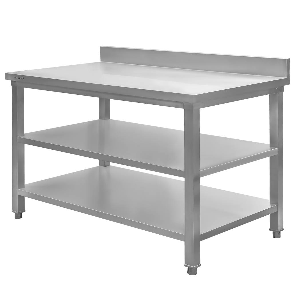 11112025691349af9935e.jpeg Nerūsējošā tērauda galds pie sienas ar 2 plauktiem Mega-M S-120 cm G-70 cm H-85 cm N - Image 1