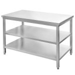 Nerūsējošā tērauda centrālais galds ar 2 plauktiem Mega-M S-120 cm G-70 cm H-85 cm N
