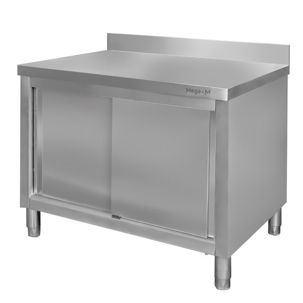 Nerūsējošā tērauda galds pie sienas ar skapi Mega-M S-120 cm G-70 cm H-85 cm N
