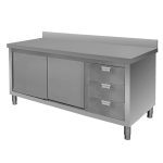 Nerūsējošā tērauda galds pie sienas ar skapi un 3 atvilktņu bloku Mega-M S-160 cm G-70 cm H-85 cm N