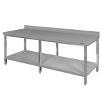 Nerūsējošā tērauda sienas galds ar plauktu un 6 kājām Mega-M S-220 cm G-70 cm H-85 cm N