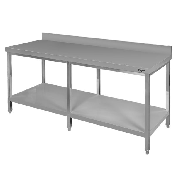 Nerūsējošā tērauda galds pie sienas ar plauktu un 6 kājām Mega-M S-180 cm G-70 cm H-85 cm N