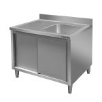 Nerūsējošā tērauda galds pie sienas ar izlietni labajā pusē un skapi Mega-M S-100 cm G-60 cm H-85 cm N