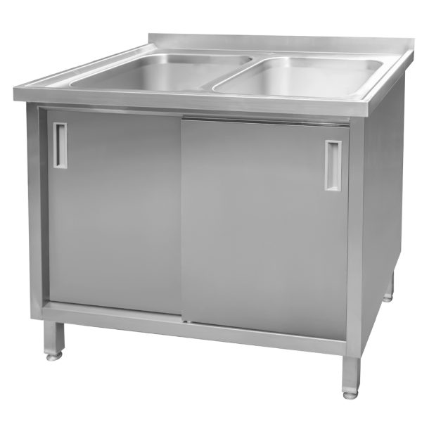 Nerūsējošā tērauda izlietne 2-kameru pie sienas metināta ar skapi Mega-M S-100 cm G-70 cm H-85 cm N