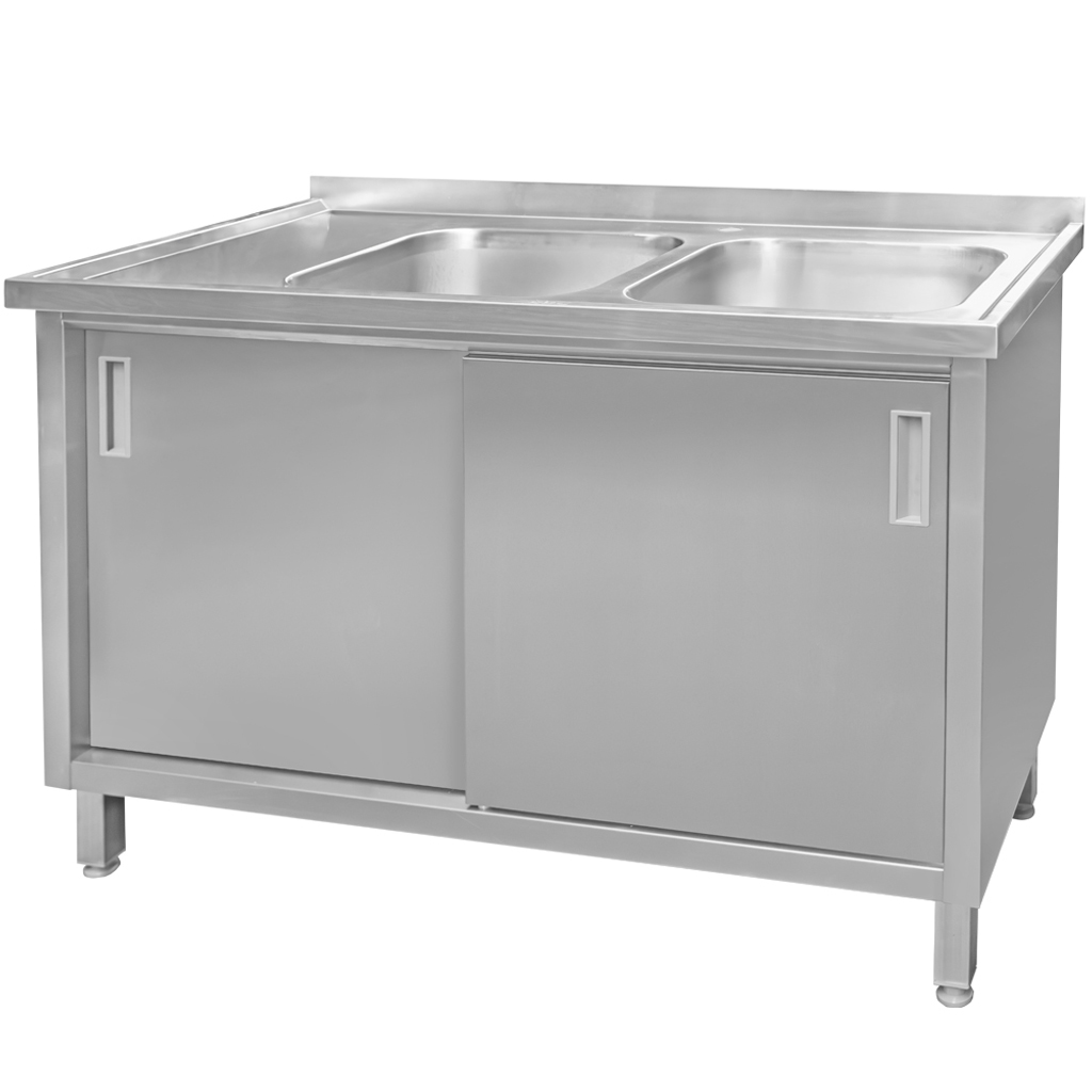 1111202569135962b8f33.jpeg Nerūsējošā tērauda izlietne 2-kameru pie sienas metināta ar skapi Mega-M S-140 cm G-70 cm H-85 cm N - Image 1