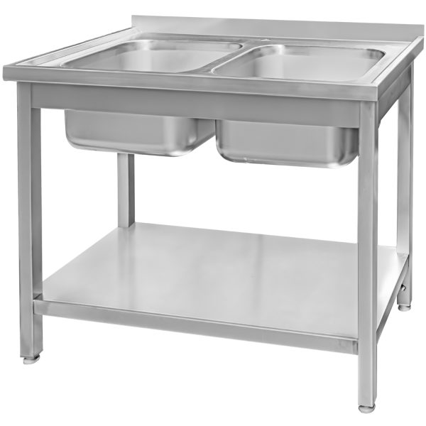 Nerūsējošā tērauda izlietne 2-kameru pie sienas metināta ar plauktu Mega-M S-100 cm G-60 cm H-85 cm N