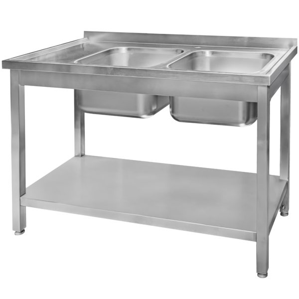 Nerūsējošā tērauda izlietne 2-kameru pie sienas metināta ar plauktu Mega-M S-120 cm G-60 cm H-85 cm N