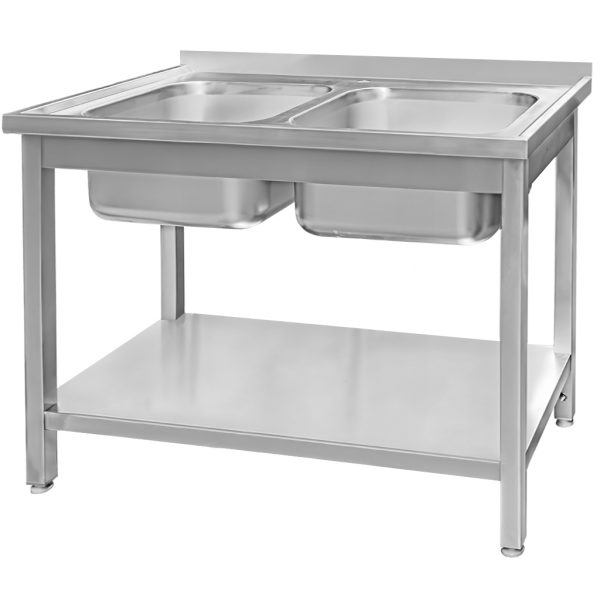 Nerūsējošā tērauda izlietne 2-kameru pie sienas metināta ar plauktu Mega-M S-120 cm G-70 cm H-85 cm N