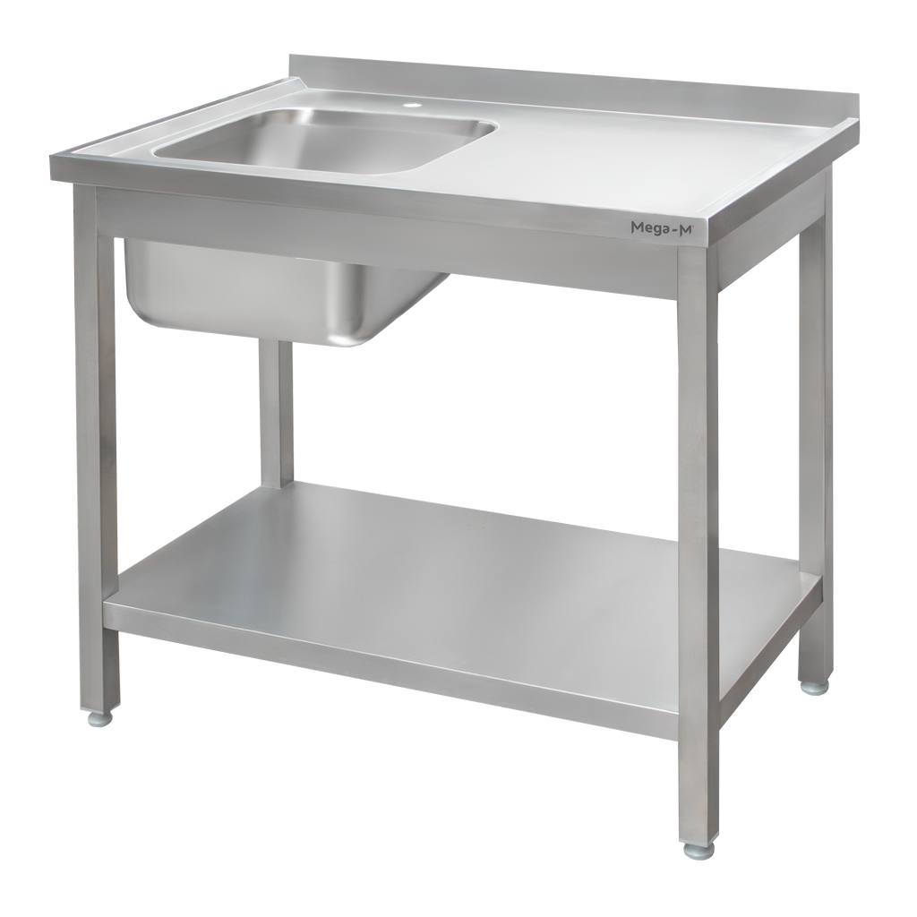 111120256913596745042.jpeg Nerūsējošā tērauda sienas galds ar izlietni kreisajā pusē un plauktu, metināts Mega-M S-120 cm G-60 cm H-85 cm N - Image 1