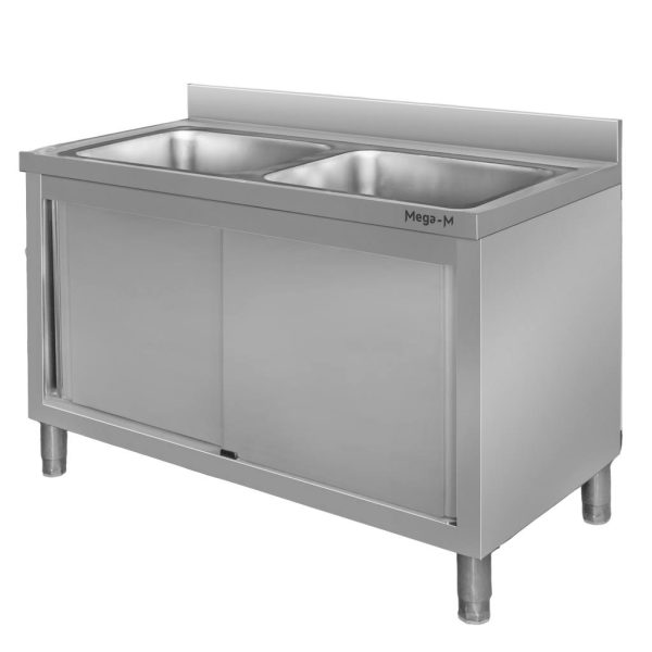 Nerūsējošā tērauda izlietne 2-kameru pie sienas ar skapi Mega-M S-120 cm G-70 cm H-85 cm N