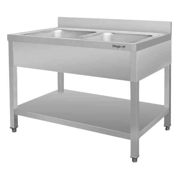 Nerūsējošā tērauda izlietne 2-kameru pie sienas ar plauktu Mega-M S-120 cm G-70 cm H-85 cm N