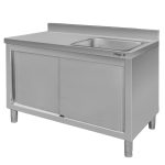 Nerūsējošā tērauda sienas galds ar izlietni labajā pusē un skapi Mega-M S-120 cm G-60 cm H-85 cm N
