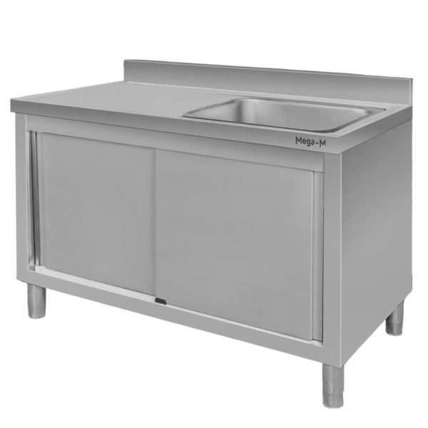 Nerūsējošā tērauda sienas galds ar izlietni labajā pusē un skapi Mega-M S-120 cm G-60 cm H-85 cm N