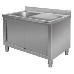 Nerūsējošā tērauda sienas galds ar izlietni kreisajā pusē un skapi Mega-M S-140 cm G-70 cm H-85 cm N