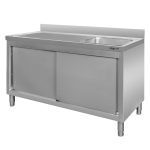 Nerūsējošā tērauda galds pie sienas ar izlietni labajā pusē un skapi Mega-M S-140 cm G-60 cm H-85 cm N