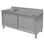 Nerūsējošā tērauda galds pie sienas ar izlietni kreisajā pusē un skapi Mega-M S-160 cm G-60 cm H-85 cm N
