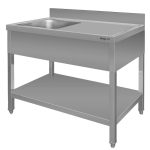 Nerūsējošā tērauda sienas galds ar izlietni kreisajā pusē un plauktu Mega-M S-100 cm G-60 cm H-85 cm N